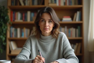 Femme écrivant dans un cahier à son bureau, illustrant la réflexion sur les erreurs orthographiques courantes en français