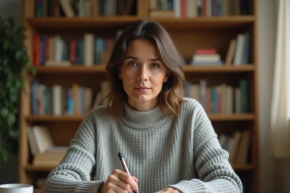 Femme écrivant dans un cahier à son bureau, illustrant la réflexion sur les erreurs orthographiques courantes en français