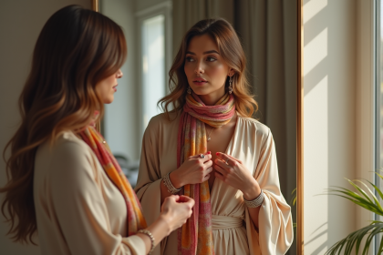 Femme élégante choisissant des bijoux dans une chambre lumineuse