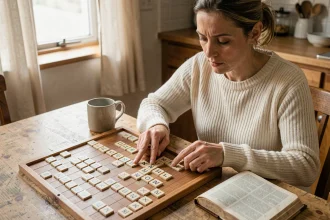 Femme adulte étudiant un plateau de Scrabble avec un dictionnaire pour progresser au jeu de lettres