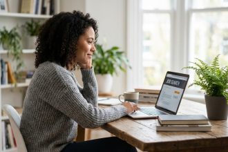 Femme assise à son bureau à domicile en tenue casual