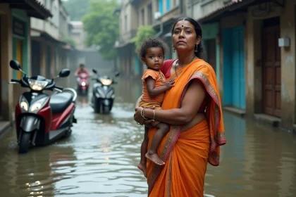 Femme indienne en sari dans l'inondation urbaine