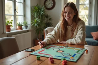 Jeune femme souriante jouant à Monopoly GO à la maison