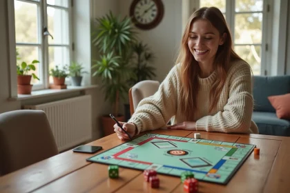 Jeune femme souriante jouant à Monopoly GO à la maison