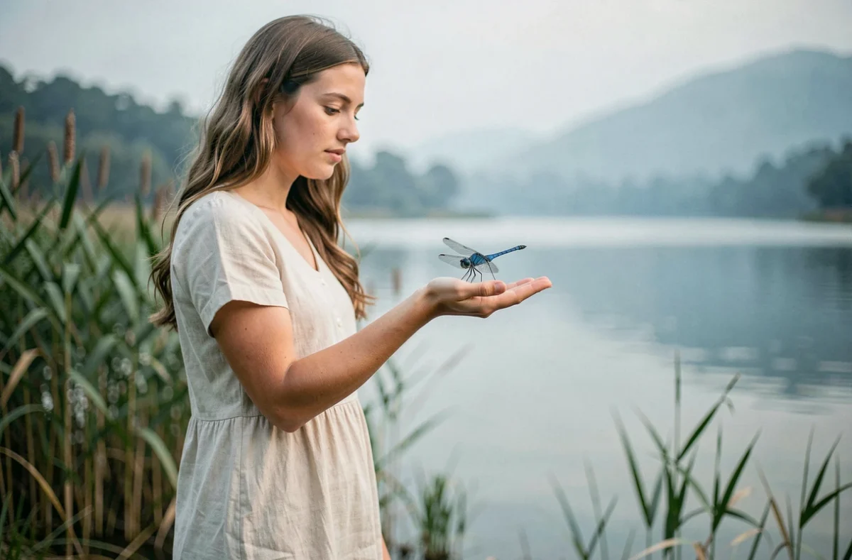 Femme tenant une libellule bleue sur sa paume au bord d'un lac, image symbolique des rêves et des signes spirituels