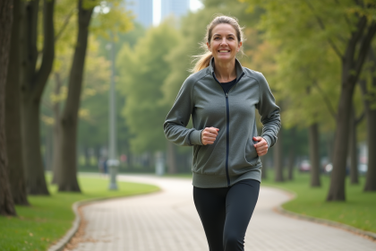 Femme d'âge moyen marche dans un parc urbain verdoyant