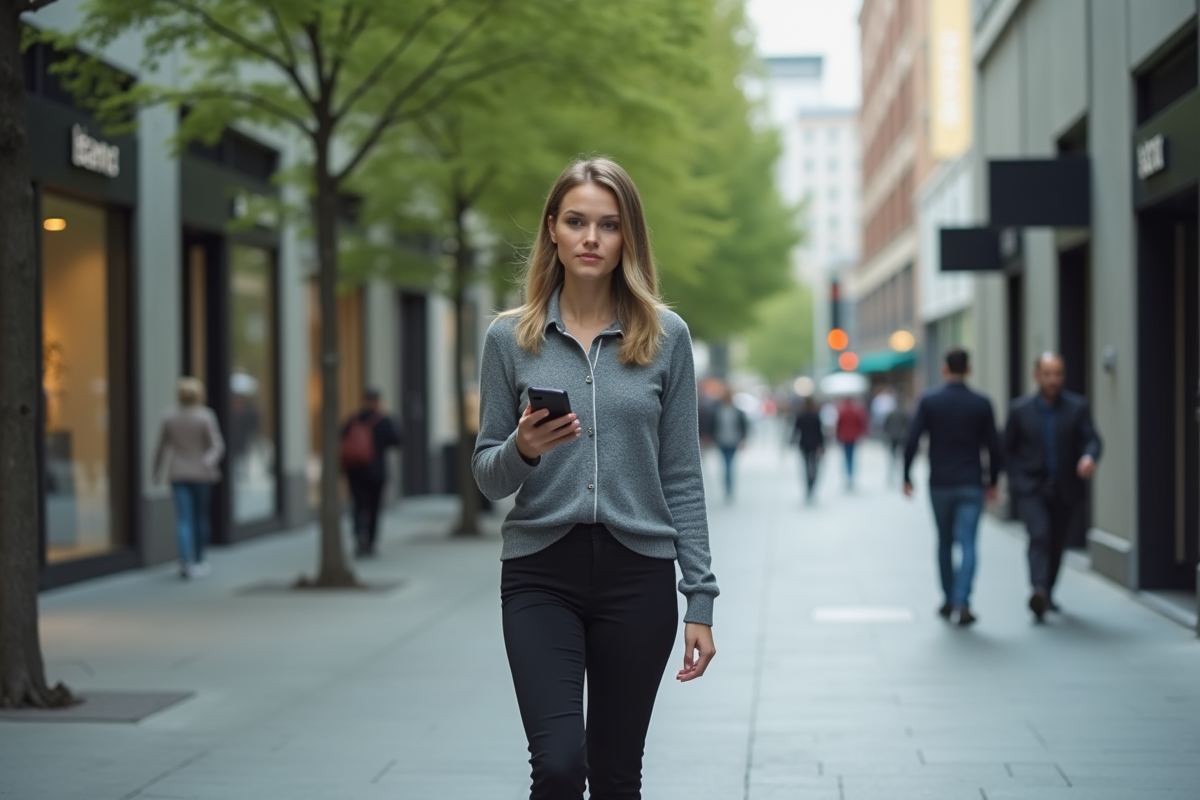 Femme marchant dans une rue urbaine avec smartphone en main