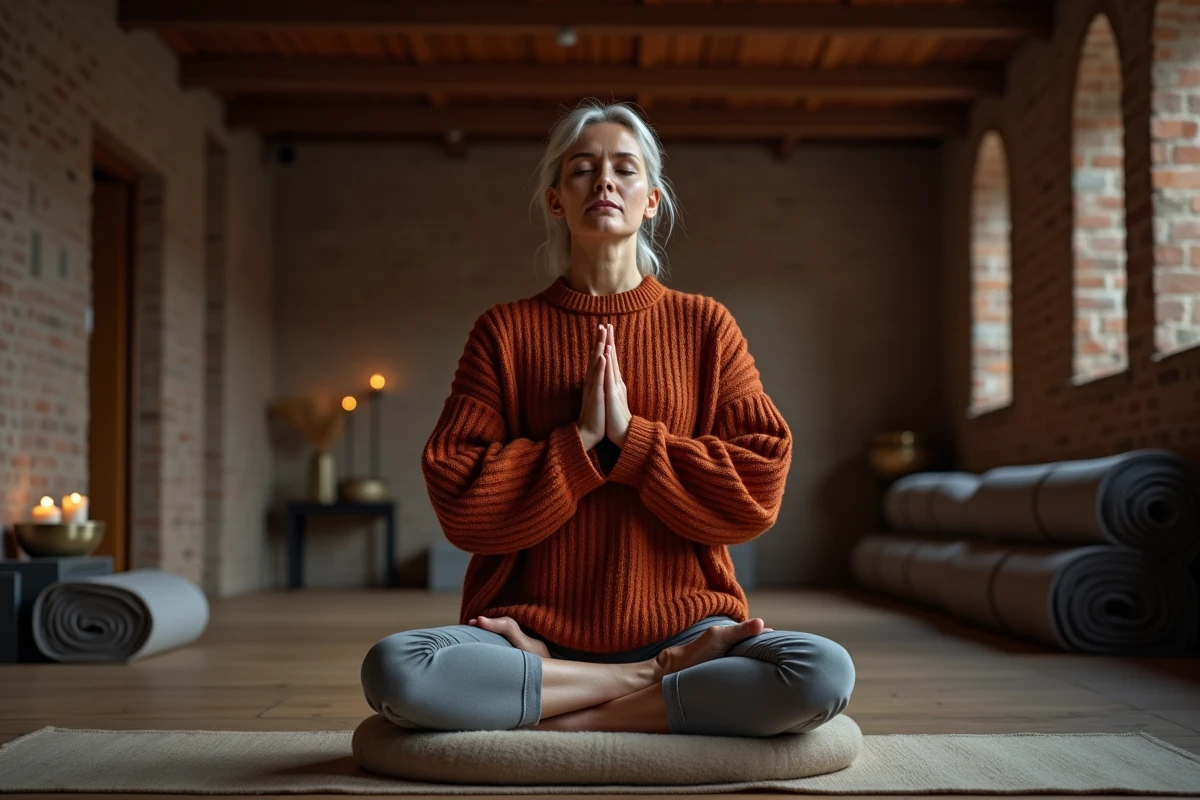 Femme mature en posture de prière les yeux fermés dans un studio de yoga évoquant une expérience spirituelle de lumière intérieure