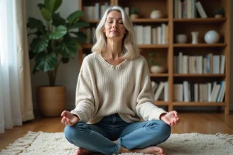 Femme méditant dans un salon calme et cosy