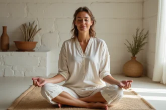 Femme en méditation les yeux fermés vivant une expérience de flash lumineux intérieur en spiritualité