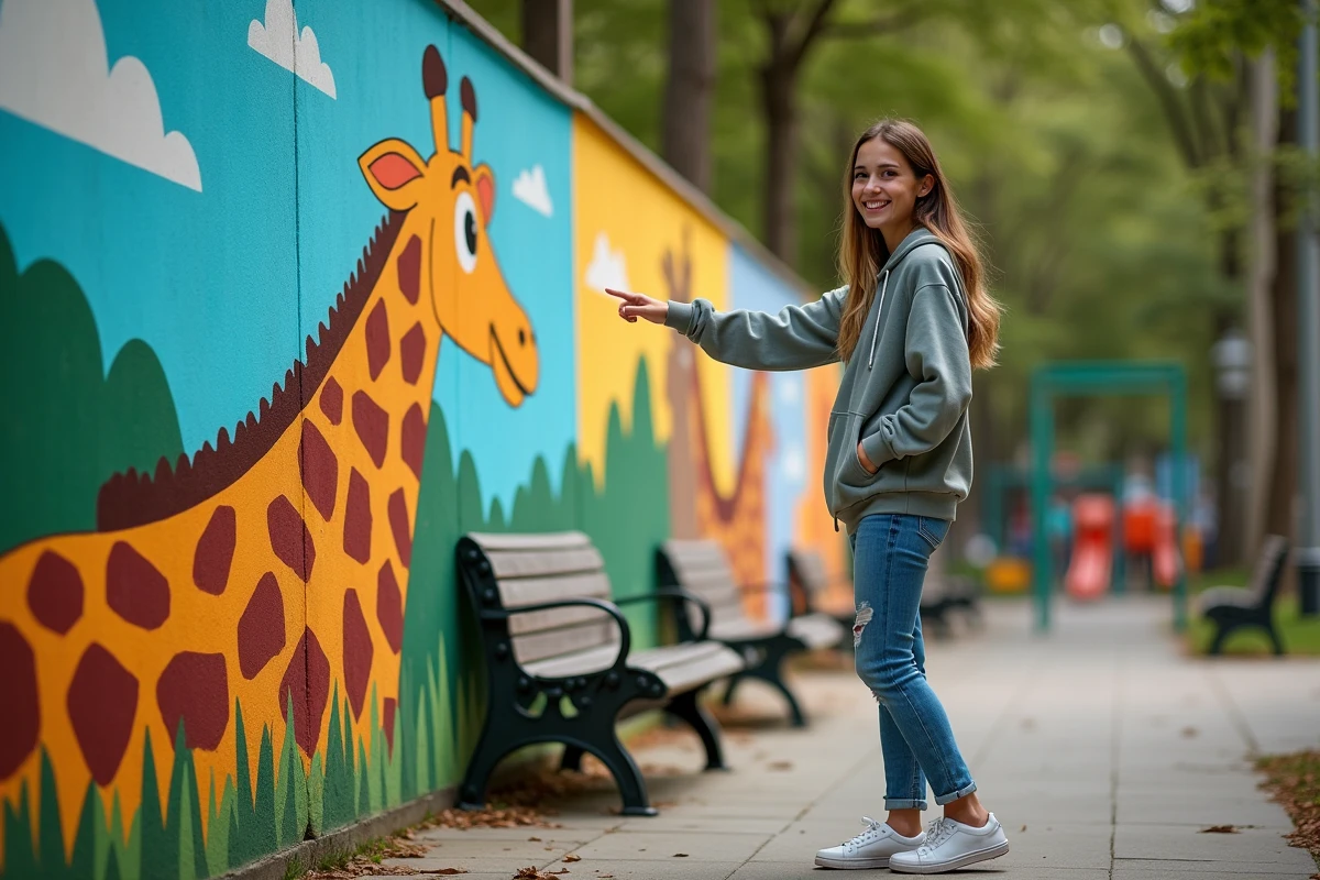 Jeune femme devant un mural de Melman dans un parc urbain