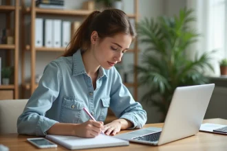 Jeune femme prenant des notes avec une règle dans un bureau lumineux