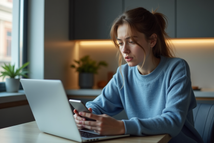 Jeune femme concentrée sur son ordinateur dans la cuisine
