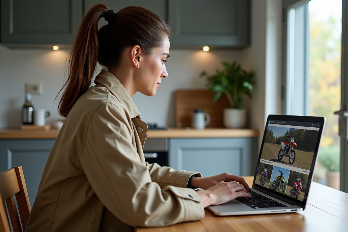 Femme recherchant des motos Yamaha 125 sur son ordinateur