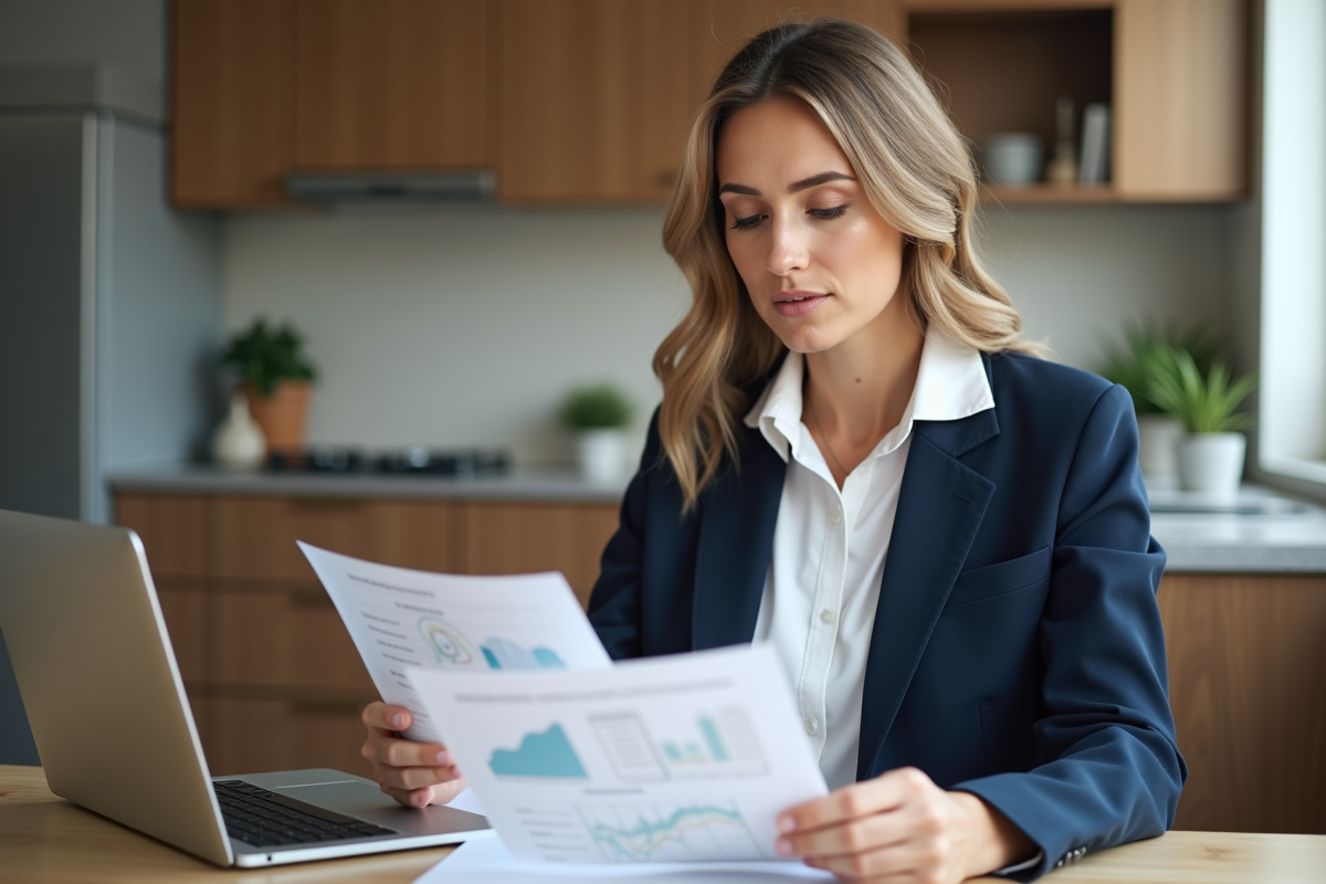 Femme professionnelle examinant des documents de prêt immobilier