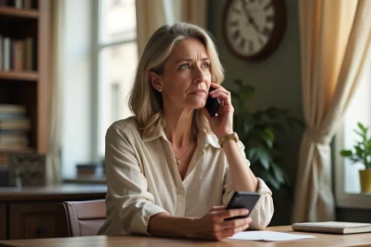 Femme parisienne téléphonant depuis son appartement en regardant l'heure pour appeler en Guyane sans déranger