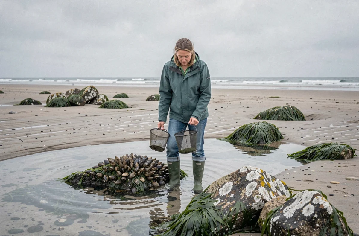 Femme récoltant des moules dans un vivier naturel lors d'une grande marée à Saint-Hilaire-de-Riez, pêche à pied en Vendée