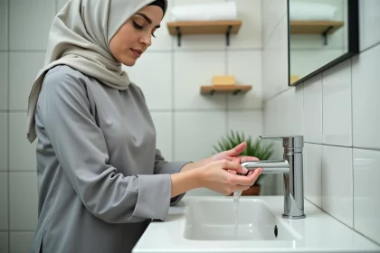Femme musulmane effectuant la petite ablution en se lavant les mains au lavabo dans une salle de bain épurée
