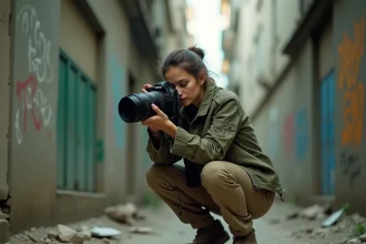 Femme photographe de guerre accroupie dans une ruelle urbaine dévastée, appareil photo à l'œil, veste de terrain usée