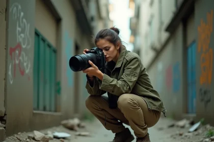 Femme photographe de guerre accroupie dans une ruelle urbaine dévastée, appareil photo à l'œil, veste de terrain usée