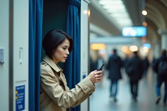 Femme utilisant un photomaton dans une gare française avec affichage du prix 4 photos