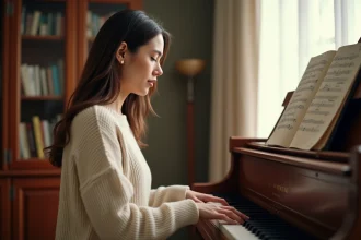 Femme adulte jouant du piano avec les deux mains sur un piano acoustique, partitions ouvertes, ambiance cosy à domicile