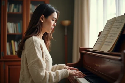 Femme adulte jouant du piano avec les deux mains sur un piano acoustique, partitions ouvertes, ambiance cosy à domicile