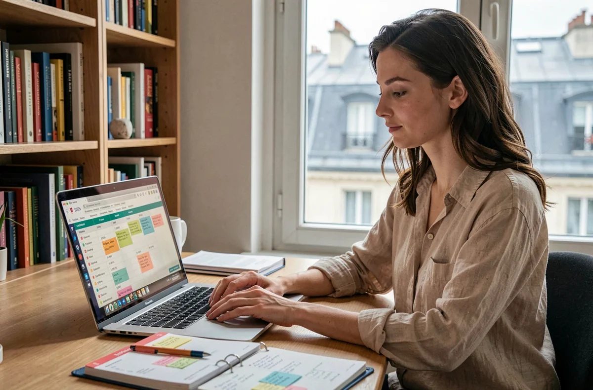 Femme planifiant ses congés selon les jours fériés régionaux 2026 sur un ordinateur portable à Paris