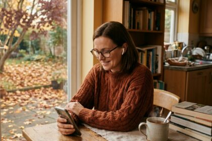 Femme dans la quarantaine écoutant un podcast santé sur la vue avec des écouteurs sans fil, lunettes de lecture sur le nez, à une table en bois un matin d'automne