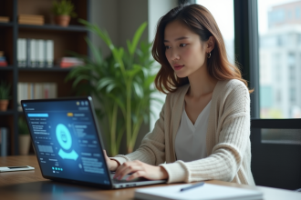 Jeune femme professionnelle utilisant un chatbot sur son ordinateur