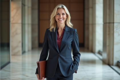 Femme confiante en tailleur dans un lobby moderne