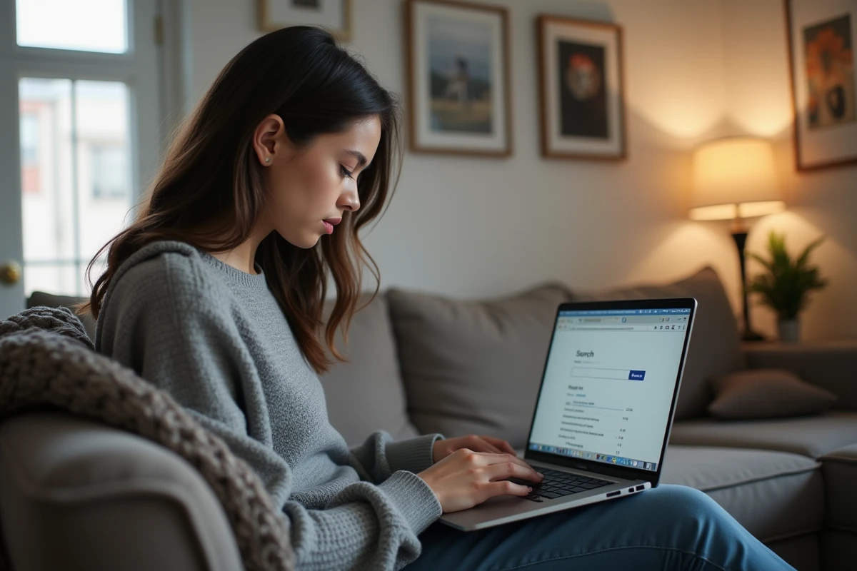 Jeune femme recherche un numéro de téléphone sur son ordinateur portable