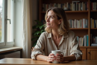 Femme pensive dans un intérieur cosy et authentique