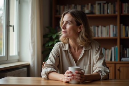 Femme pensive dans un intérieur cosy et authentique