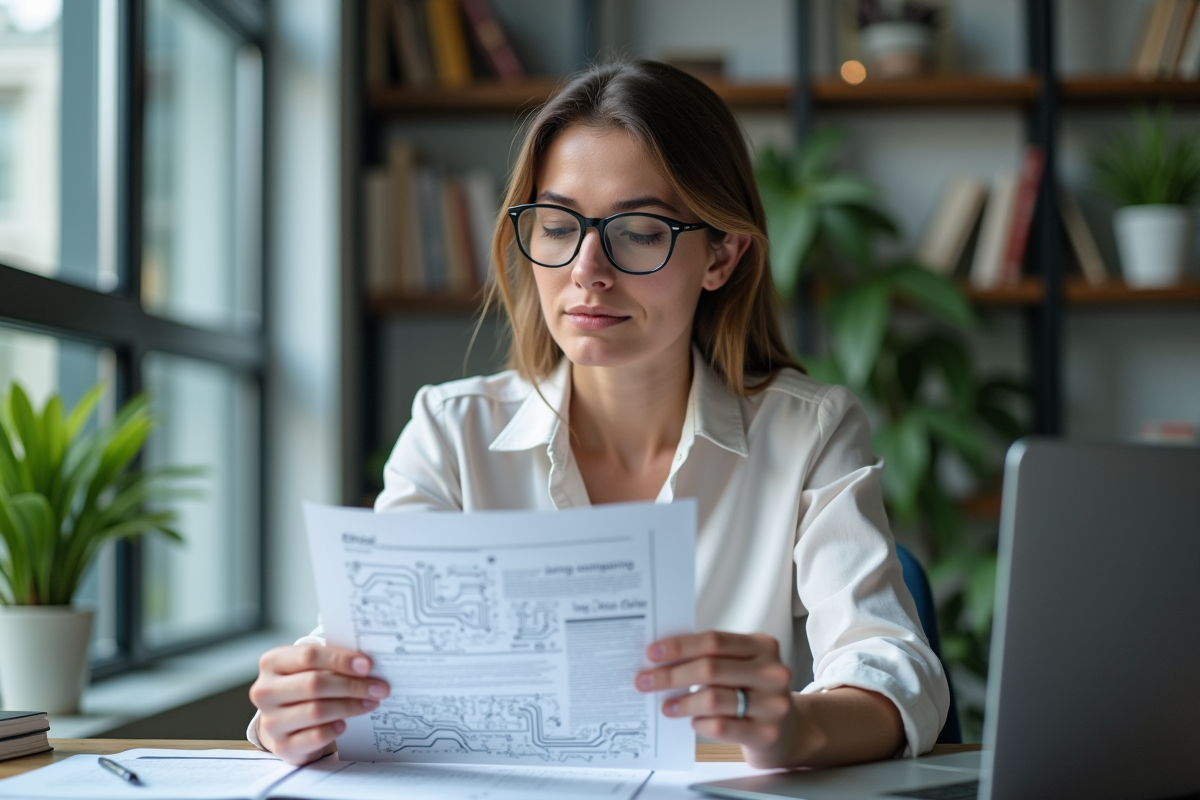 Femme réfléchie au bureau avec papier sur l'éthique