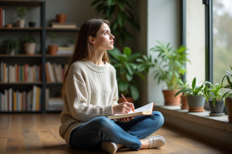 Femme pensante assise avec journal et plantes vertes