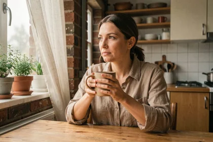 Femme réfléchissant à sa conscientisation au quotidien dans une cuisine naturelle et authentique