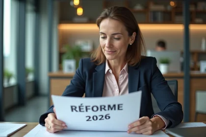 Femme d'âge moyen en blazer dans un bureau moderne pour l'article réforme 2026