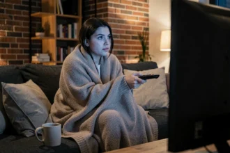 Jeune femme regardant une série Netflix sur son canapé le soir, enveloppée dans un plaid, ambiance appartement moderne