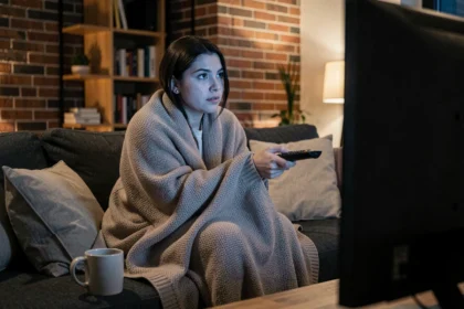 Jeune femme regardant une série Netflix sur son canapé le soir, enveloppée dans un plaid, ambiance appartement moderne