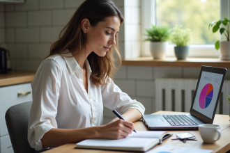 Femme en cuisine analysant un graphique coloré sur son ordinateur