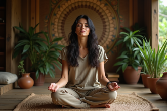 Femme méditant dans une hutte en Amazonie
