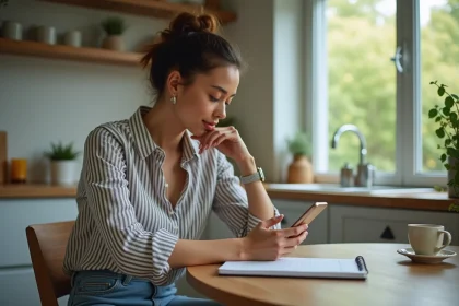 Femme assise à la cuisine regarde son smartphone
