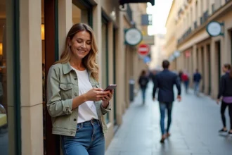 Femme souriante avec smartphone devant boutique à Montpellier