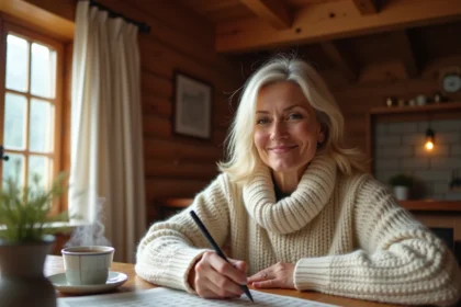 Femme suisse résolvant des mots fléchés dans un chalet en bois avec une grille de mots croisés et une tasse de thé