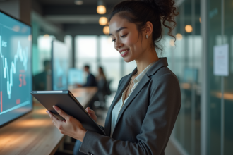 Jeune femme en business casual examine une tablette dans un espace moderne