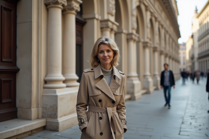 Femme en trench devant un bâtiment Renaissance