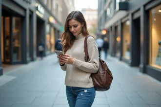 Jeune femme regardant une application de carte en ville
