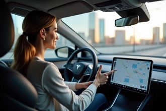 Femme concentrée dans une voiture autonome moderne