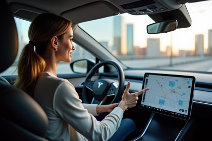 Femme concentrée dans une voiture autonome moderne